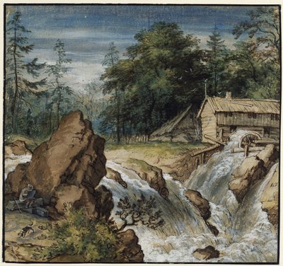 Paesaggio nordico con un disegnatore presso una cascata da Allart van Everdingen