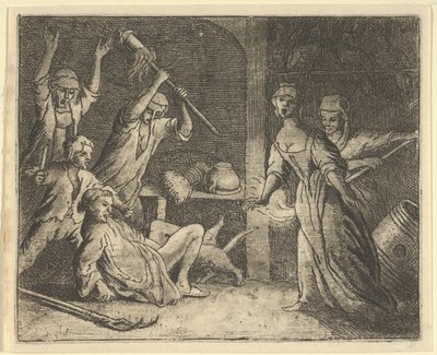 Il gatto, catturato in una trappola, è maltrattato dalle persone della casa, 1650-75 da Allart van Everdingen