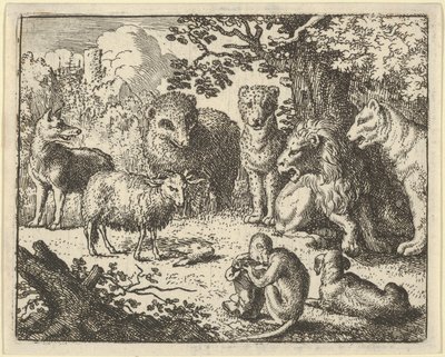 La scimmia apre il pacco e rimuove la testa del coniglio con grande sorpresa di..., 1650-75 da Allart van Everdingen