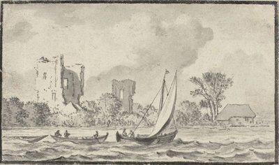 Tre barche su un fiume con rovine lungo la riva da Allart van Everdingen
