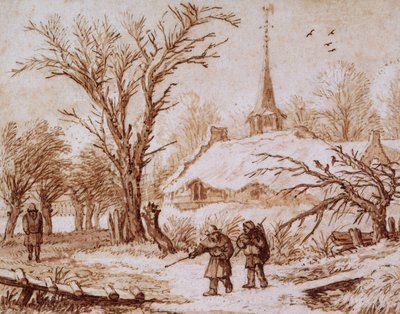 Viaggiatori su una strada vicino a un villaggio in inverno da Allart van Everdingen
