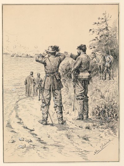 Ufficiali e generale che osservano una battaglia navale (Battaglia del Monitor e del Merrimac) da Allen Carter Redwood