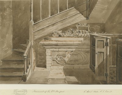 Handsworth - Monumento a Sir William Stanford: disegno seppia, 6 apr 1842 da Allen Edward Everitt