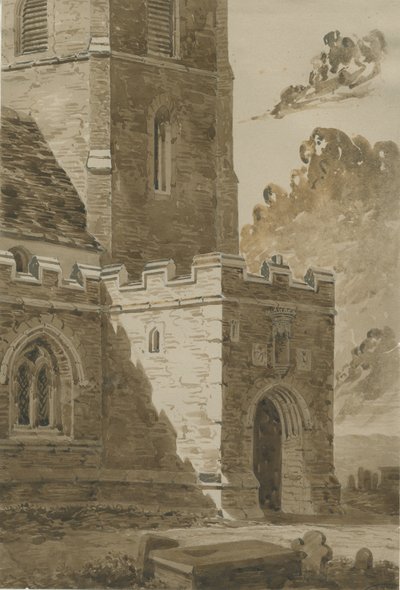 Lichfield - Portico Nord della Chiesa di San Michele: disegno in seppia rosso scuro, nd [9 set 1842] da Allen Edward Everitt