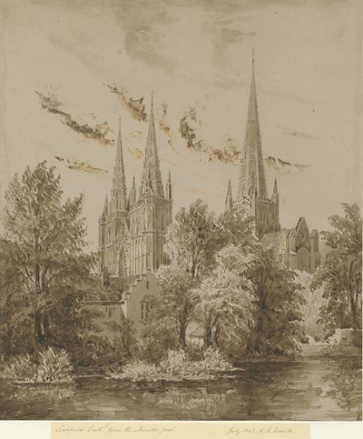 Cattedrale di Lichfield - Vista Sud Ovest: disegno a seppia, Lug 1842 da Allen Edward Everitt