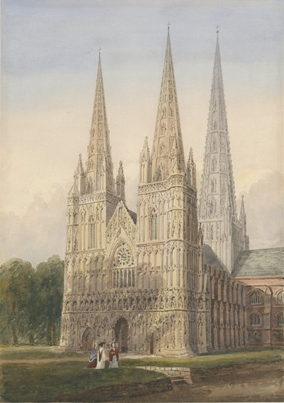 Cattedrale di Lichfield - Facciata Ovest: acquerello, nd [6 Set 1842] da Allen Edward Everitt