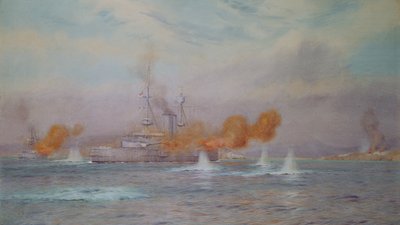 H.M.S. Albion comandata dal Capitano A. Walker-Heneage completa la distruzione dei forti esterni dei Dardanelli nel 1915, 1925 da Alma Claude Burlton Cull