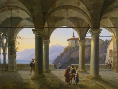 Terrazza con colonne con figure e vista su un lago di montagna da Alois Gustav Schulz