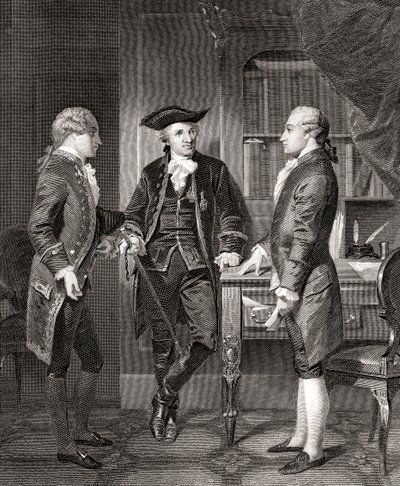 Johann Henry Jules Alexandre von Robaii, Barone de Kalb introduce Lafayette a Silas Deane, da Life and Times of Washington, Volume 1, pub. nel 1857 da Alonzo (after) Chappel