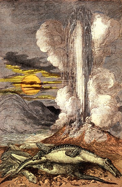 Eruzioni venose delle acque termali nel periodo Triassico. Creazione e Essere Viventi (di Jules Rengade). Disegno di A. Demarle. 1885 da Alphonse Demarle