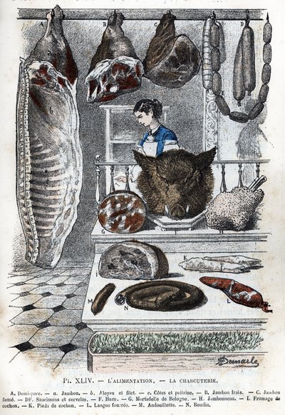 Vista di salumi Un mezzo maiale (un prosciutto b aloyau c costate e petto) B prosciutto fresco C prosciutto affumicato D salsicce e cerevelas F hure G mortadella di Bologna H prosciutto I formaggio di maiale K piedi di maiale L lingua ripiena M andouillett da Alphonse Demarle