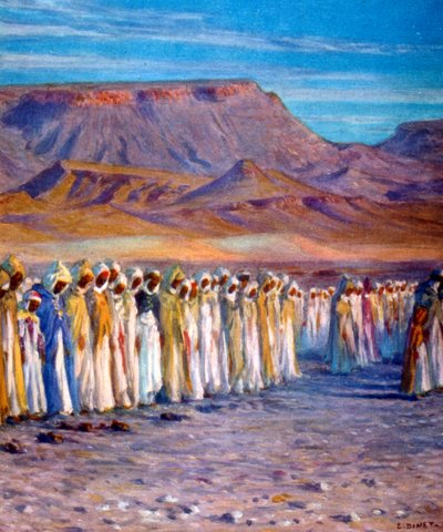 Illustrazione che raffigura pellegrini arabi musulmani in viaggio verso La Mecca da Alphonse Etienne Dinet