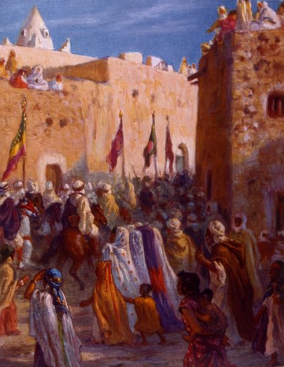 Illustrazione che raffigura guerrieri arabi musulmani che lasciano una città per intraprendere il Jihad o Guerra Santa da Alphonse Etienne Dinet