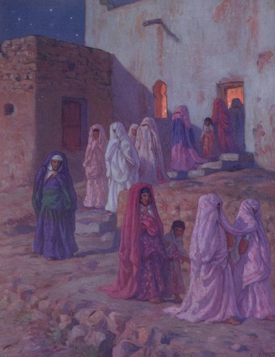 Musulmani che lasciano la moschea del villaggio alla vigilia del Mouled, illustrazione da una storia della vita del Profeta Maometto, pubblicata a Parigi nel 1918 da Alphonse Etienne Dinet