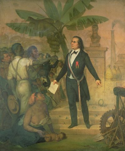 Joseph Napoleon Sebastien Sarda Garriga (1808-77) con il decreto di emancipazione a La Reunion da Alphonse Garreau
