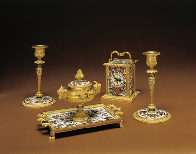 Set da scrivania in quattro pezzi di Napoleone III, intarsiato da Duvinage e Harinckouk, c.1877 da Alphonse Gustave Giroux