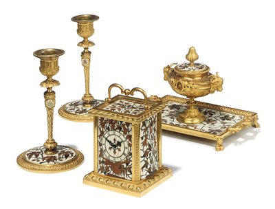 Set da scrivania di Napoleone III a quattro pezzi, intarsio di Duvinage e Harinckouk da Alphonse Gustave Giroux