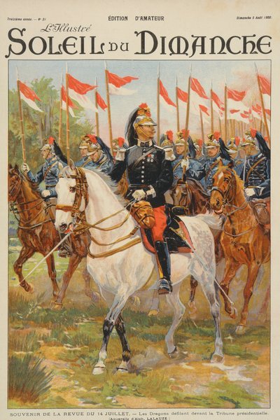 Rassegna del 14 luglio, reggimento di dragoni che sfila davanti alla tribuna presidenziale, illustrazione dalla copertina di 