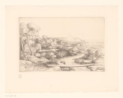 Paesaggio con passerella su un fiume da Alphonse Legros (attributed to)