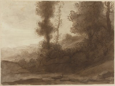 Ai piedi della collina (penna e inchiostro marrone con lavaggio marrone su carta vergata) da Alphonse Legros