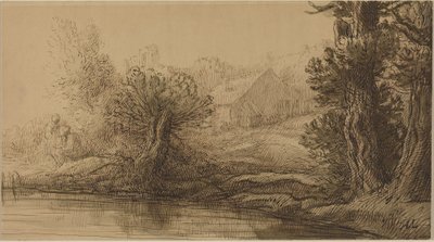 Riva di un fiume (penna e inchiostro marrone con lavaggio marrone su cartone) da Alphonse Legros