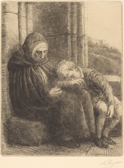 Donna seduta contro un muro, bambino con la testa in grembo da Alphonse Legros
