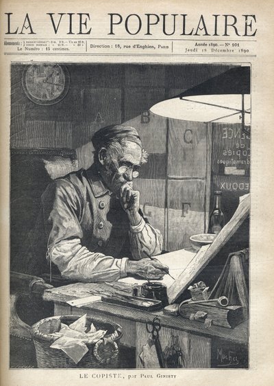 Un copista concentrato che lavora nel suo ufficio. Illustrazione di Alfons Maria Mucha da Alphonse Mucha