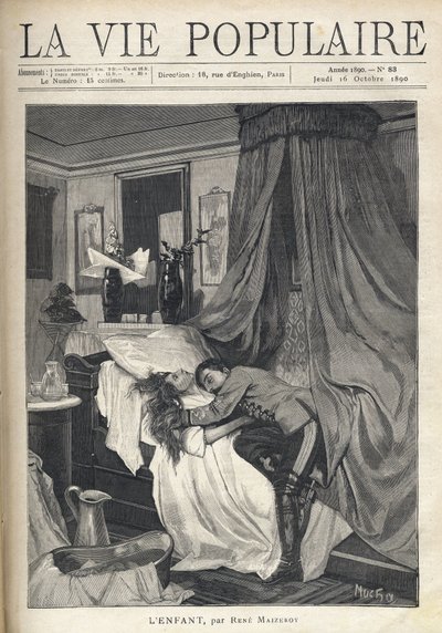 Un soldato disperato abbraccia il cadavere di una donna sdraiata in un letto. Illustrazione di Alfons Maria Mucha (Alphonse Marie Mucha) da Alphonse Mucha