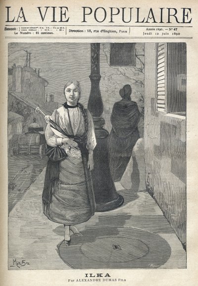 Una giovane donna semplice e distinta, con capelli a trecce, che tiene un ombrello, cammina con sicurezza per strada. Dietro di lei, una donna vestita di nero e un carro che trasporta barili continuano il loro viaggio. Illustrazione di Alfons Maria Mucha ( da Alphonse Mucha