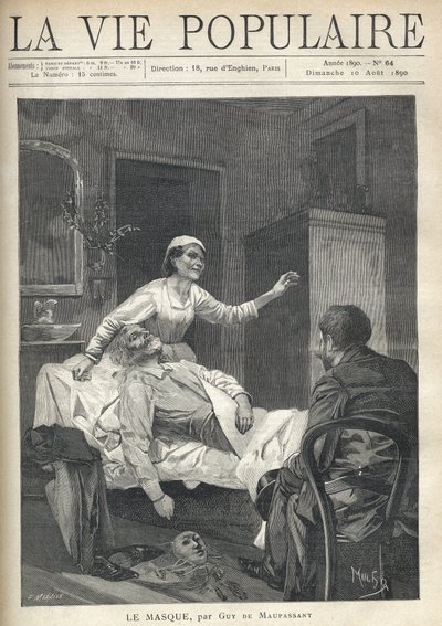 Un vecchio magro con un volto emaciato si sta stiracchiando, il suo abito, le sue scarpe e una maschera di carnevale sono trascinati vicino al suo pannolino (un lenzuolo gettato su un divano), in "La Vie Populaire" da Alphonse Mucha