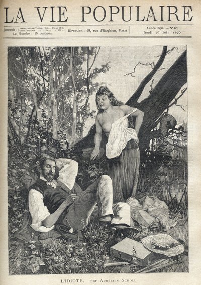 Una giovane donna, spettinata, denudata, con il petto scoperto, si china con fiducia e divertimento verso un pittore sdraiato, addormentato in mezzo alla natura, giacca, cappello, materiale e pipa sparsi sul pavimento. Illustrazione di Alfons Maria Mucha da Alphonse Mucha