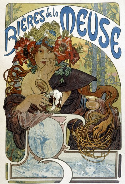 Pubblicità per la birra della Mosa. Illustrazione di Mucha da Alphonse Mucha