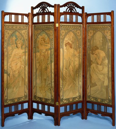 Uno schermo Art Nouveau, i pannelli decorati con la serie "Les Heures du Jour", comprendente Eveil Matin, Eclat du Jour, Reverie du Soir e Repos de la Nuit da Alphonse Mucha