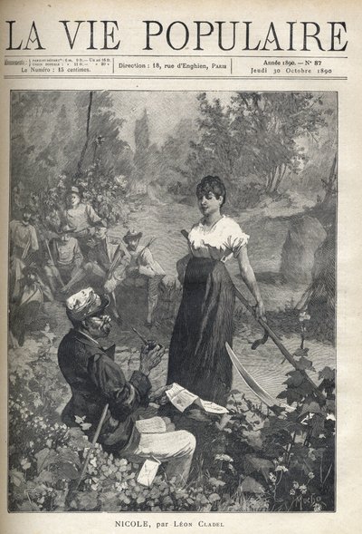 Un vecchio legge una lettera a una bella giovane contadina che tiene una falce. I cacciatori osservano la scena in lontananza. Illustrazione di Alfons Maria Mucha (Alphonse Marie Mucha) da Alphonse Mucha