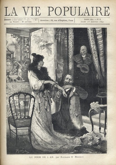 Un vecchio sorprende una scena galante: un uomo inginocchiato davanti a una donna elegante le attacca un braccialetto al polso. Illustrazione di Alfons Maria Mucha da Alphonse Mucha