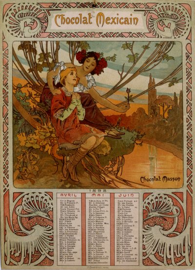 Calendario di Chocolate Masson illustrato da Mucha (1860 – 1939). un pittore ceco Art Nouveau da Alphonse Mucha