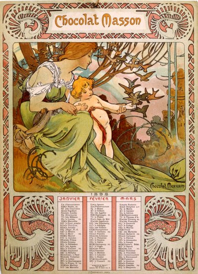 Calendario Chocolate Masson illustrato da Mucha da Alphonse Mucha