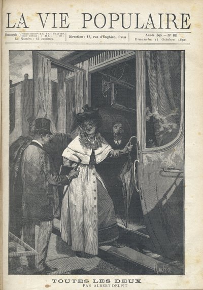 Addio tra un uomo e una donna che sale su un treno sulla banchina di una stazione. Illustrazione di Alfons Maria Mucha (Alphonse Maria Mucha) da Alphonse Mucha