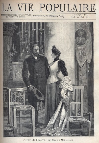 In una chiesa, una coppia bella ed elegante si alza tra le candele e prega Dio. Illustrazione di Alfons Maria Mucha da Alphonse Mucha
