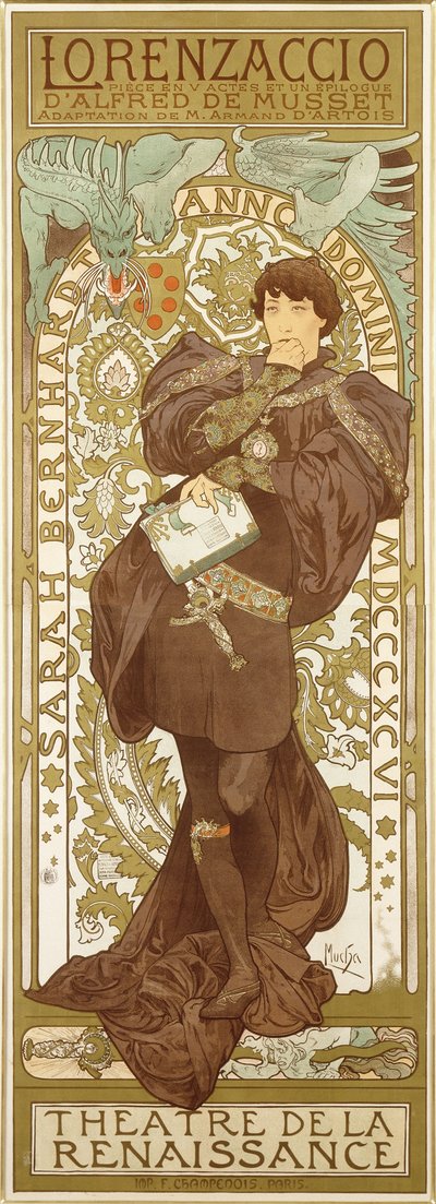 Lorenzaccio, raffigurante la figura in piedi di Sarah Bernhardt nel ruolo da Alphonse Mucha