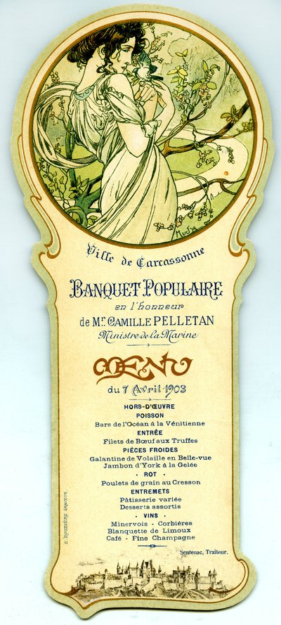 Menu di un banchetto popolare organizzato a Carcassonne il 7 aprile da Alphonse Mucha