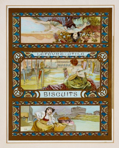 Poster pubblicitario per biscotti "Lefevre-Utile" da Alphonse Mucha