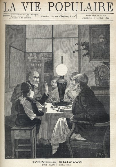 Scena di vita familiare: intorno al tavolo da pranzo, una famiglia è riunita, illuminata da una lampada a olio e ascolta attentamente uno zio in visita, con occhi brillanti e mano che segna i punti salienti della sua storia. Illustrazione di Alfons Maria M da Alphonse Mucha