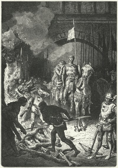El Cid, accompagnato dalla moglie Dona Jimena, supervisiona la costruzione della pira funeraria di Ahmed, re moresco di Valencia da Alphonse Marie de (after) Neuville