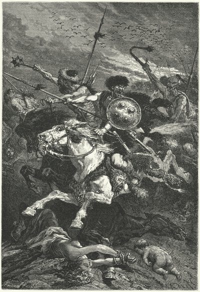 Gli Unni caricano alla Battaglia dei Campi Catalaunici, 451 (incisione) da Alphonse Marie de (after) Neuville