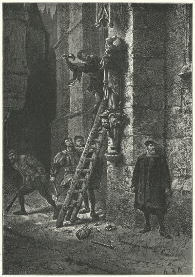 Protestanti distruggono una statua della Vergine e del Bambino a Notre Dame, Parigi da Alphonse Marie de (after) Neuville