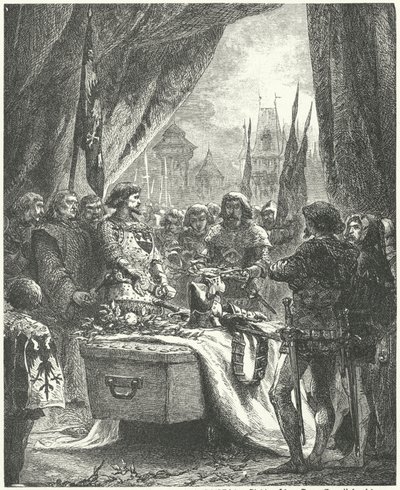 Il comandante di Chateauneuf de Randon depone le chiavi della città sulla bara di Bertrand du Guesclin da Alphonse Marie de (after) Neuville