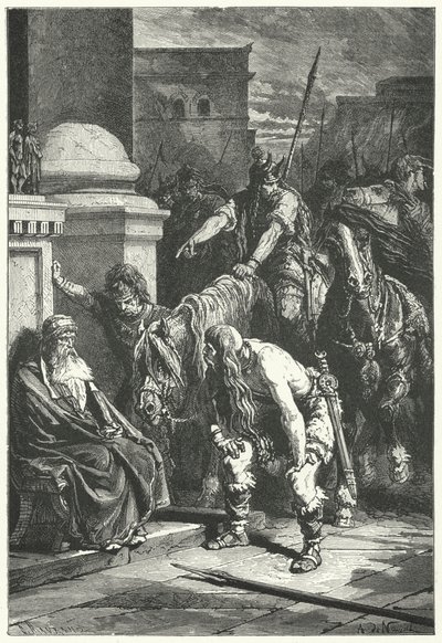 La morte del console romano Marco Papirio nel sacco gallico di Roma, 387 a.C. (incisione) da Alphonse Marie de (after) Neuville