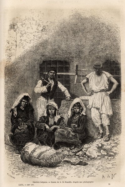 Lavoratori bulgari, vicino a Sofia, incisione dal disegno di A. De Neuville, che illustra il viaggio in Bulgaria, di Guillaume Lejean, nel 1867, pubblicato in "Le tour du monde" 1873, a cura di Edouard Charton, edizione Hachette, Parigi. Collezione Selva da Alphonse Marie de Neuville