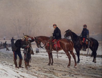 Generale che interroga una guardia mobile che sostiene un ufficiale ferito, dicembre 1870 da Alphonse Marie de Neuville